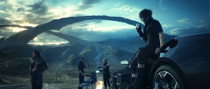 Noctis and friends camping with a car in Final Fantasy XV