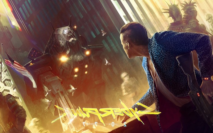 Artwork from Cyberpunk 2077 featuring a mech and characters