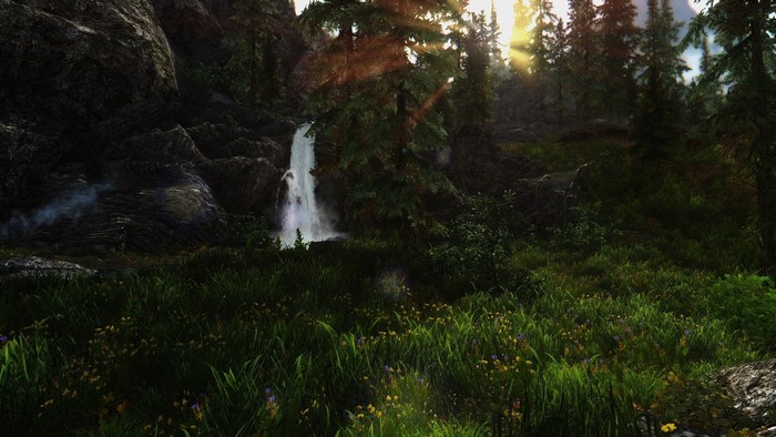 The Elder Scrolls V: Skyrim waterfall forest landscape