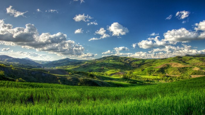 Green rolling hills under a blue sky with clouds