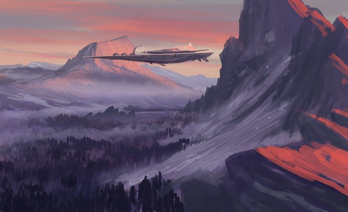 Futuristic spaceship flying over mountains at sunset