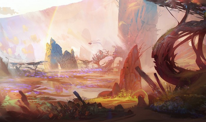 Fantasy landscape with strange rock formations and alien flora