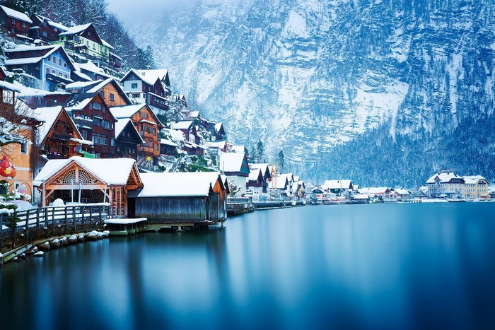 Snowy Winter Landscape of Hallstatt, Austria by the Lake