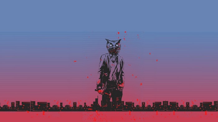 Hotline Miami character with owl mask over city