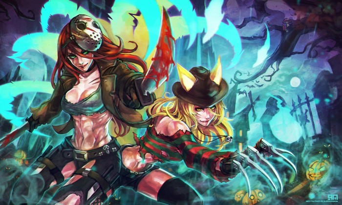 Ahri and Katarina from League of Legends in a Halloween theme