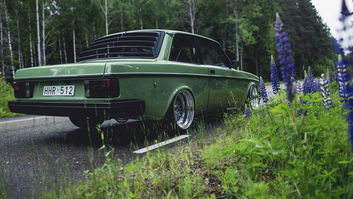 Green Volvo 240 car on a road with lupines