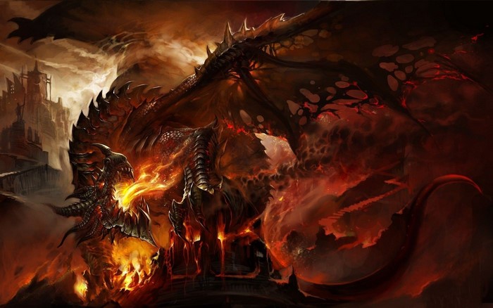 Dragon breathing fire in a fantasy landscape