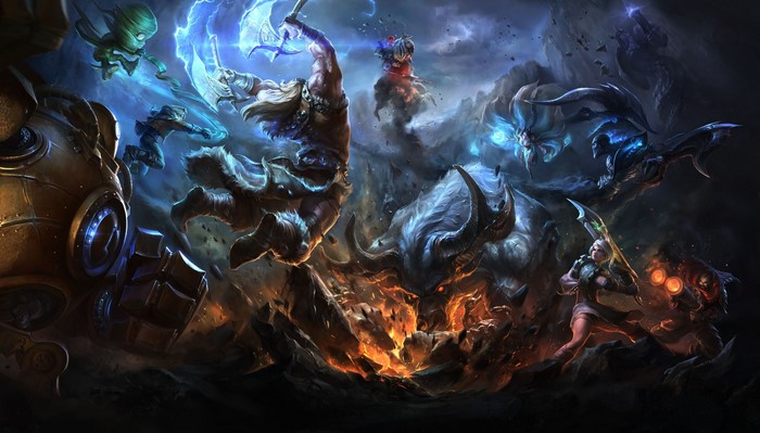League of Legends characters fighting on a rocky battlefield