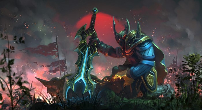 Sven from Dota 2 kneeling with a sword