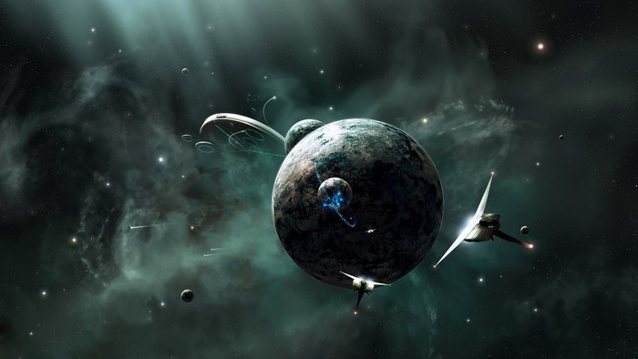 Space scene with planets, spaceships, and nebula