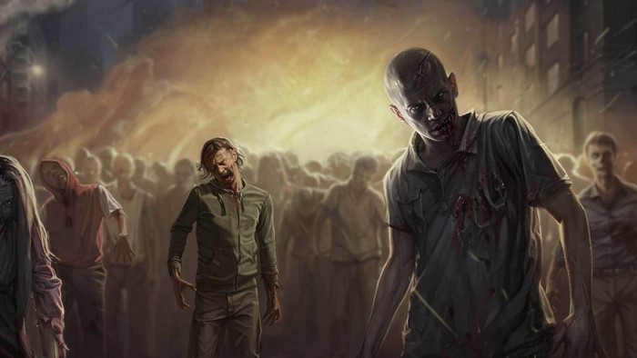 A horde of zombies shambles through a burning city