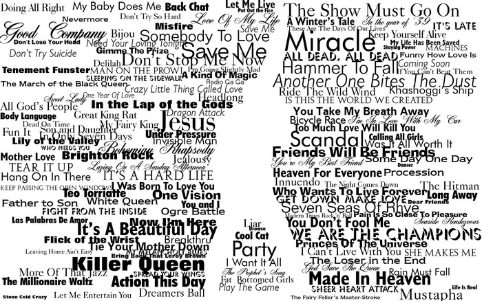 Queen song titles silhouette typography