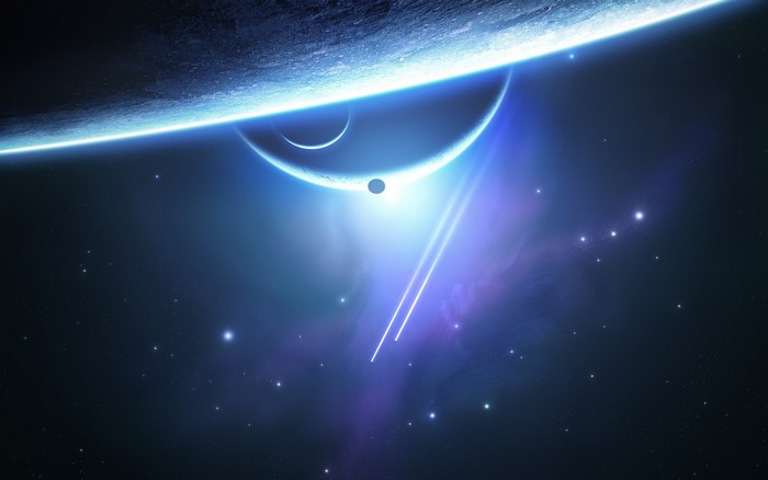 Space art with planets, moons, and stars