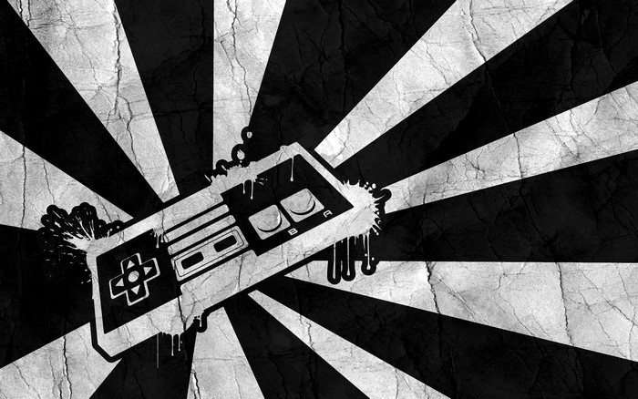 Retro video game controller with sunburst background