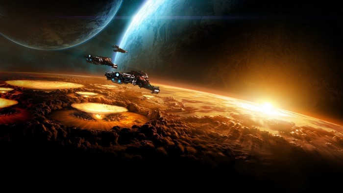 StarCraft Battlecruisers over a burning planet