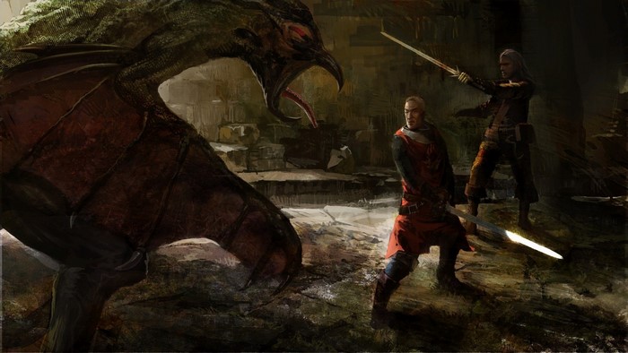 The Witcher: Geralt and another warrior fight a dragon