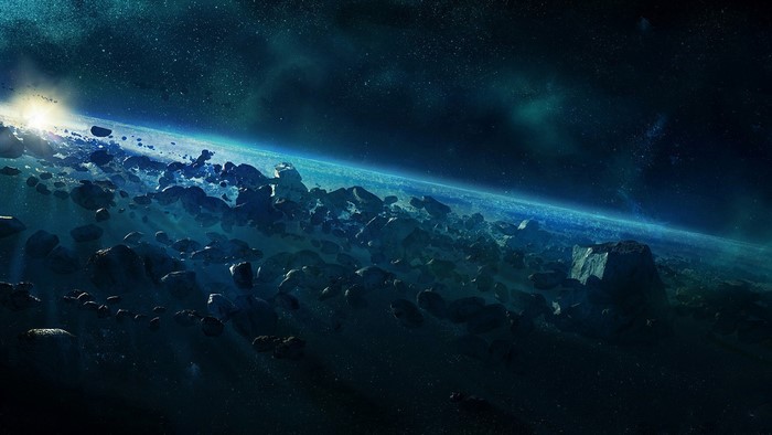 Asteroid belt around a planet in space