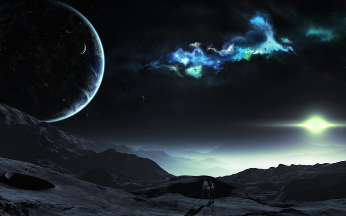 Futuristic space landscape with planet and nebula