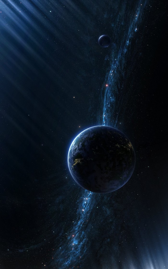 Planet and moon in a starry galaxy with nebula