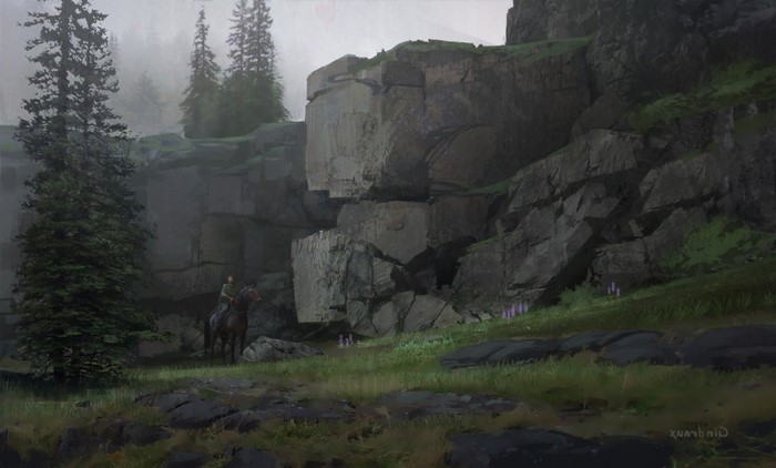 The Last of Us concept art: Man on horseback near cliffs