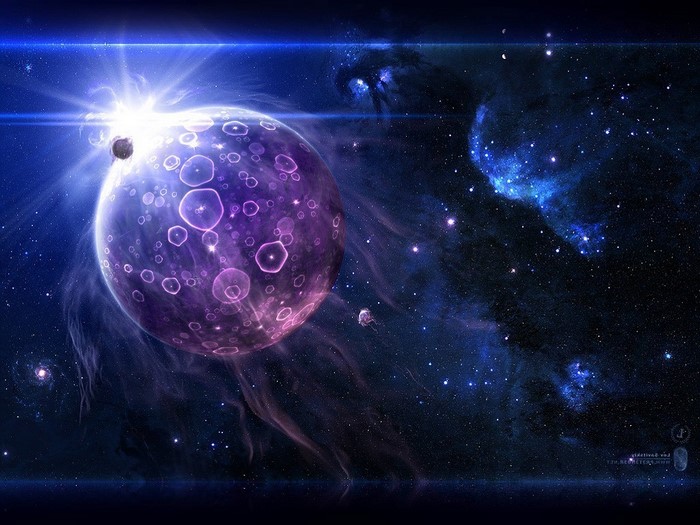 Surreal space art with a glowing purple planet and nebula