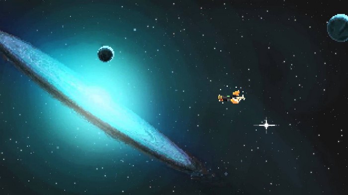Pixel art spaceship near a glowing galaxy and planets