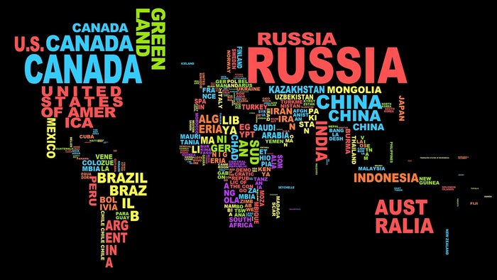 World map typography with country names in colorful word clouds on black background