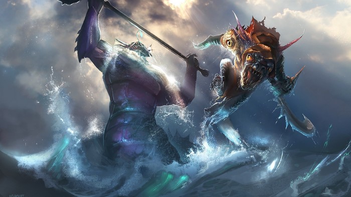 Slardar fighting a creature in Dota 2
