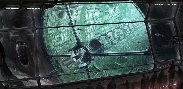 Sci-fi space station interior with view of a planet and ships
