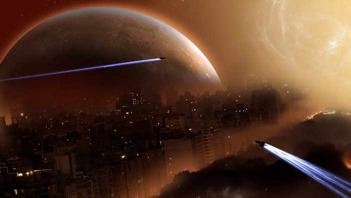 Spaceships flying over a futuristic city with a large planet in the background