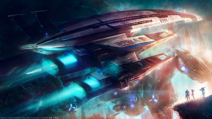 Mass Effect Normandy SR-2 spaceships in space