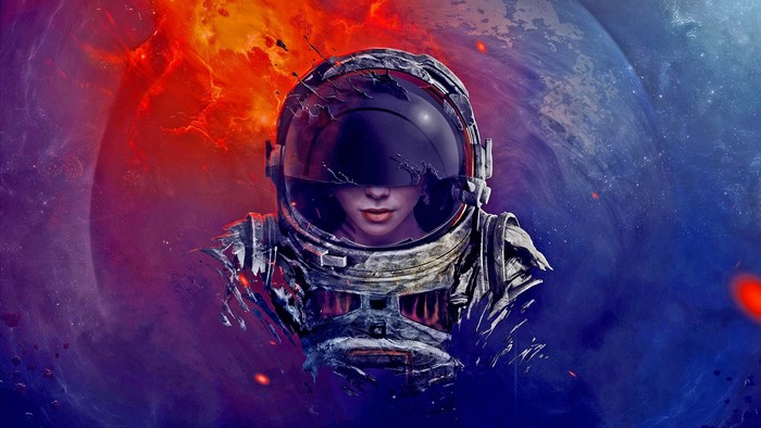 Astronaut in a damaged helmet against a cosmic backdrop