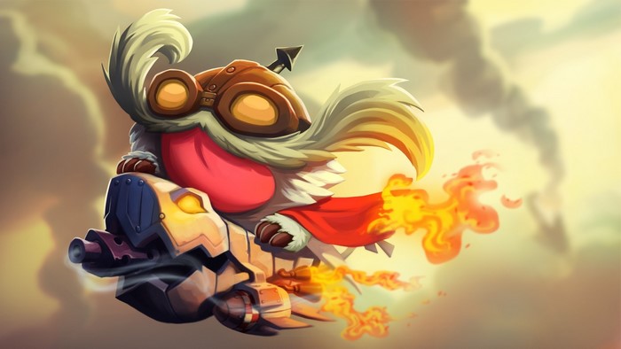 Corki from League of Legends flying on a machine