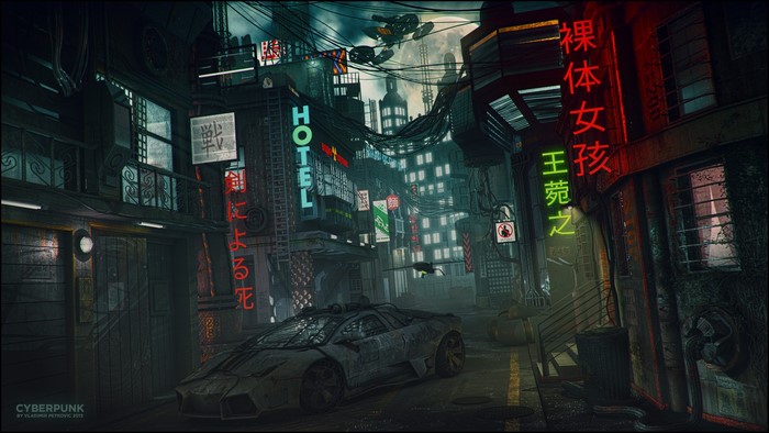 Cyberpunk city street with a futuristic car and neon signs