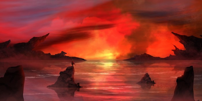 A lone figure stands on a rock in a fiery sunset over water.