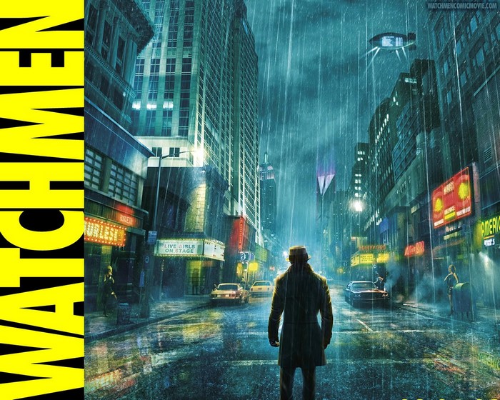 Watchmen movie poster with Rorschach in the rain
