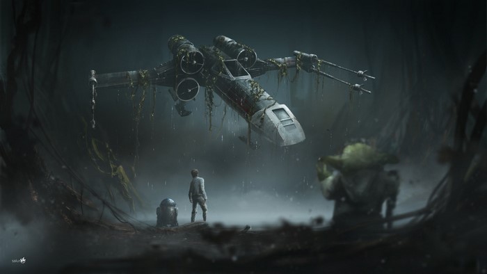 Luke Skywalker and R2-D2 with Yoda and X-wing from Star Wars
