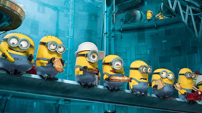 Minions eating sandwiches and bananas