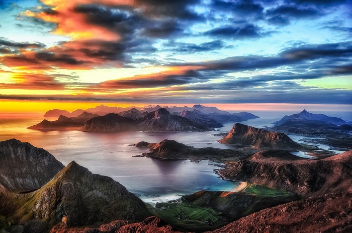 Sunset over mountains and sea in Lofoten Islands, Norway