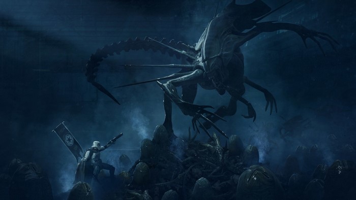 Star Wars Stormtrooper facing Alien Queen and eggs