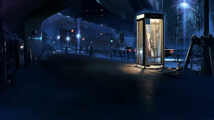 Anime art of a phone booth at night