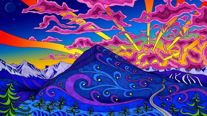 Psychedelic Mountain Landscape with Sun Rays and Moon