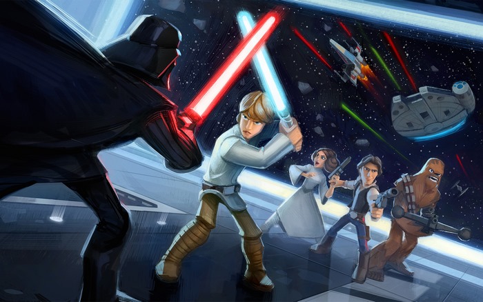 Star Wars characters Luke Skywalker, Darth Vader, Han Solo, Leia, Chewbacca