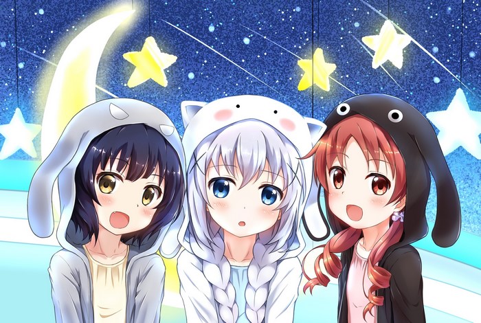 Three anime girls from Gochuumon wa Usagi Desu ka wearing hoods