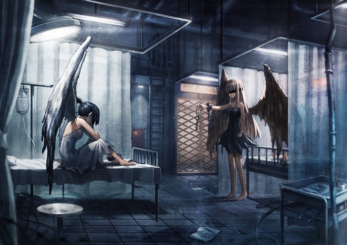 Anime angel girls in hospital with wings