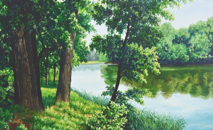 Painting of a forest lake with trees and reflections