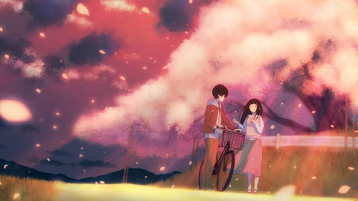 Hyouka: Eru Chitanda and Houtarou Oreki with a bicycle