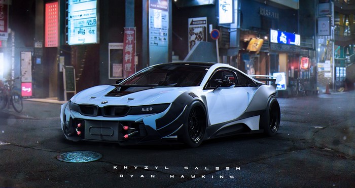 Kyhzyly Saleem Artwork: Tuned BMW i8 in Cyberpunk City
