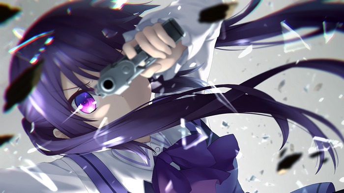 Anime girl with purple hair and eyes holding a pistol