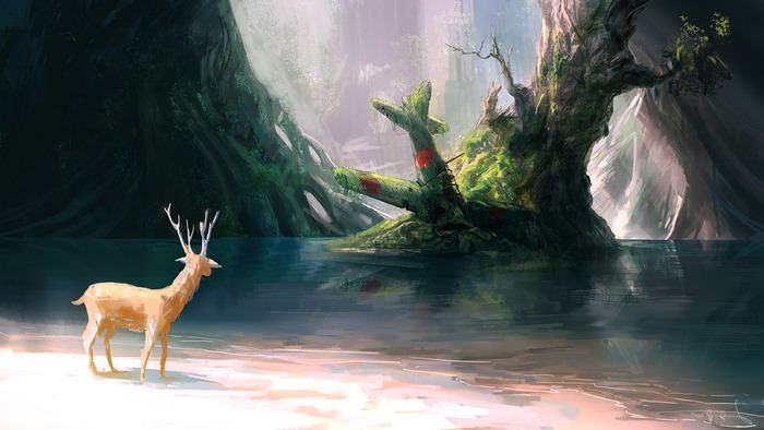 Deer by a submerged airplane wreck in a mystical forest